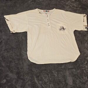 Vintage Yikes Kissin' Kittens Henley Shirt L Ivory Cat Lover Aesthetic 90s Boho‎